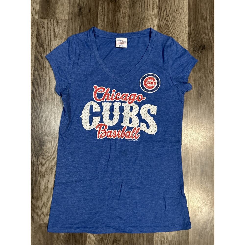 MLB CHICAGO CUBS Glitter Logo V Neck Top Women's Size Medium by Campus Lifestyle